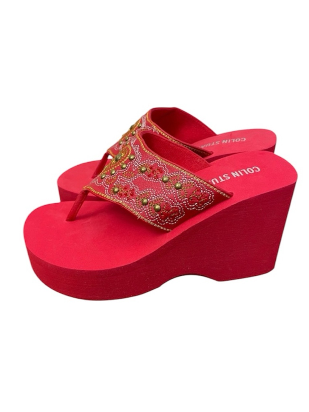 Colin Stuart Platform Sandals 7 Red Thong Boho Embellished Edgy Y2K Boho Babe
